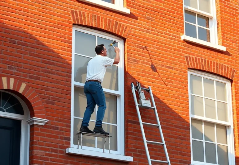 Peintre sur échafaudage traitant la façade d'une maison
